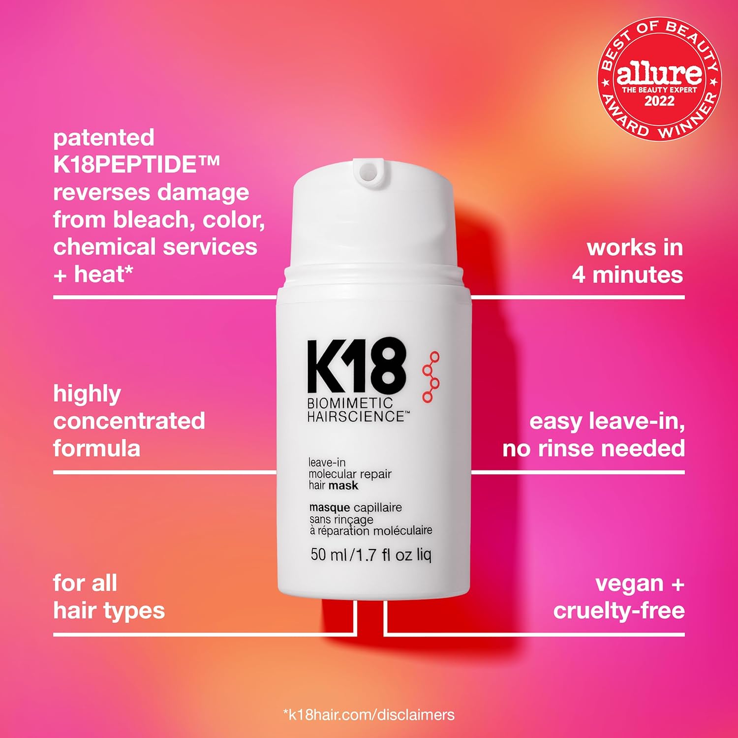 MASQUE CAPILLAIRE SANS RINÇAGE À RÉPARATION MOLÉCULAIRE K18 50ML